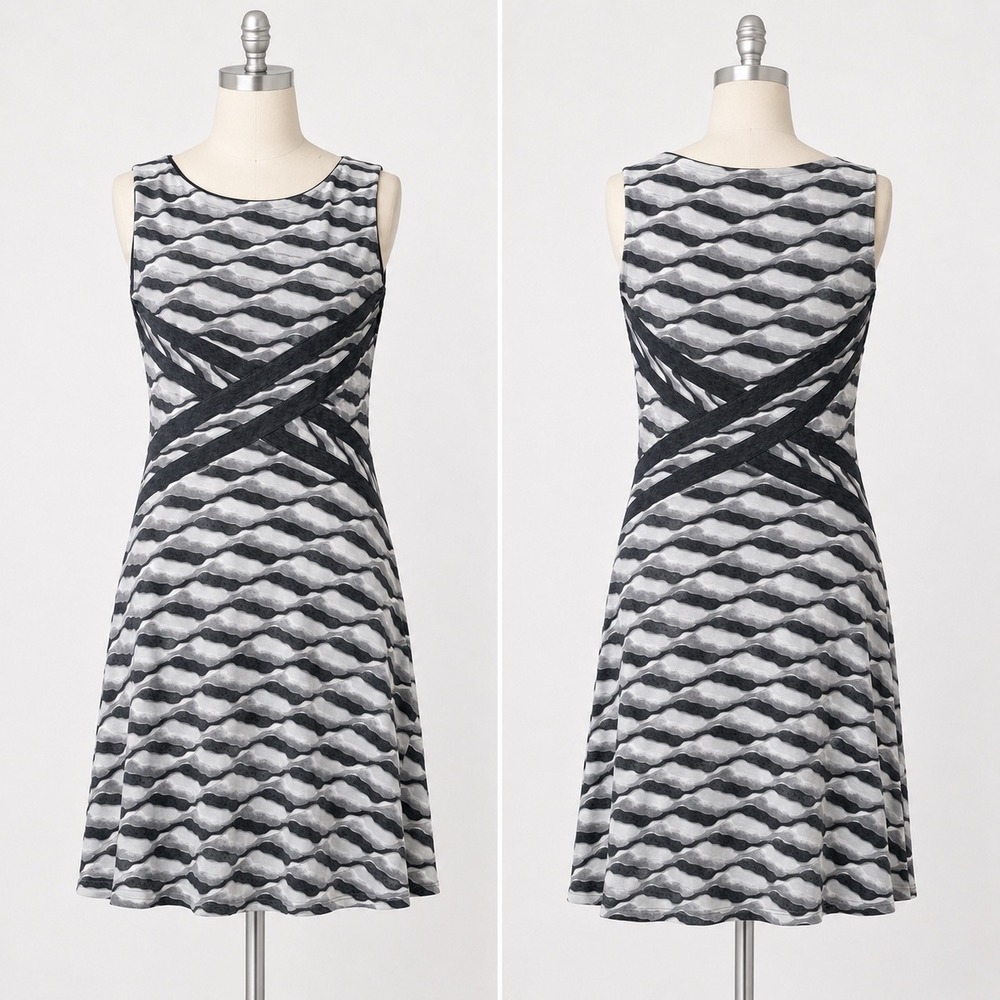 LOFT Wavy Stripe A-Line Dress 4 Grey White Sleeveless‎ Crisscross Waist Knit
